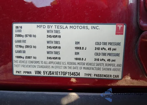2016 Tesla Model S 60/70/75/85 z USA, uszkodzony, nr VIN 5YJSA1E17GF154634